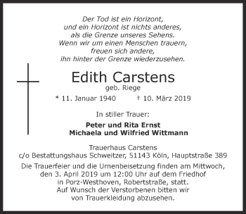 Anzeige von Edith Carstens von  Kölner Wochenspiegel 