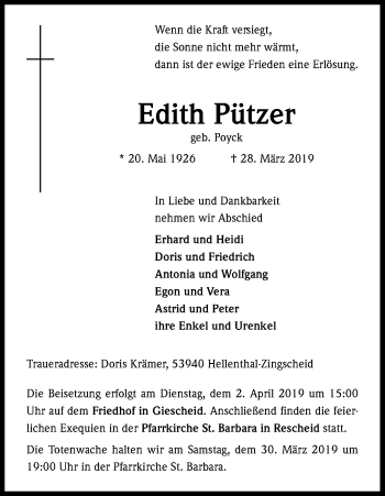 Anzeige von Edith Pützer von Kölner Stadt-Anzeiger / Kölnische Rundschau / Express
