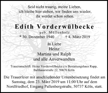 Anzeige von Edith Vorderwülbecke von Kölner Stadt-Anzeiger / Kölnische Rundschau / Express