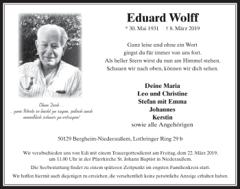 Anzeige von Eduard Wolff von  Sonntags-Post 