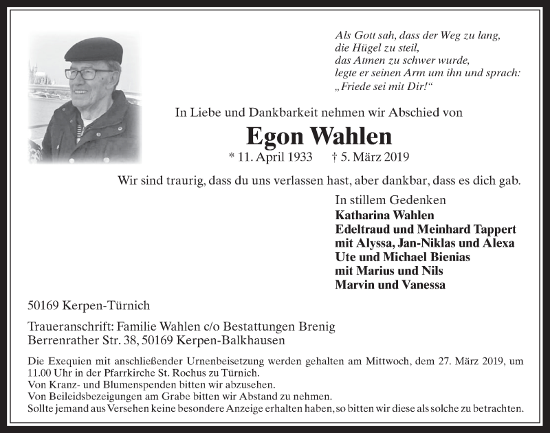  Traueranzeige für Egon Wahlen vom 20.03.2019 aus  Werbepost 
