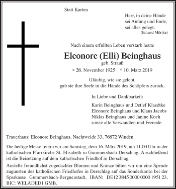 Anzeige von Eleonore Beinghaus von  Anzeigen Echo 