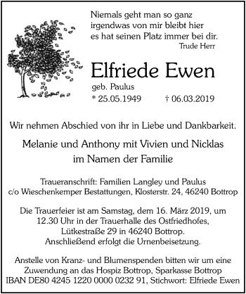 Anzeige von Elfriede Ewen von  Extra Blatt 