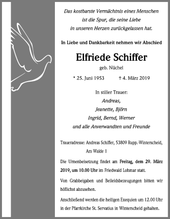 Anzeige von Elfriede Schiffer von Kölner Stadt-Anzeiger / Kölnische Rundschau / Express