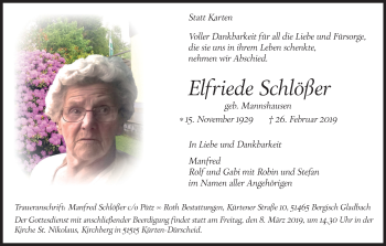 Anzeige von Elfriede Schlößer von Kölner Stadt-Anzeiger / Kölnische Rundschau / Express