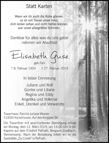 Anzeige von Elisabeth Guse von  Bergisches Sonntagsblatt 