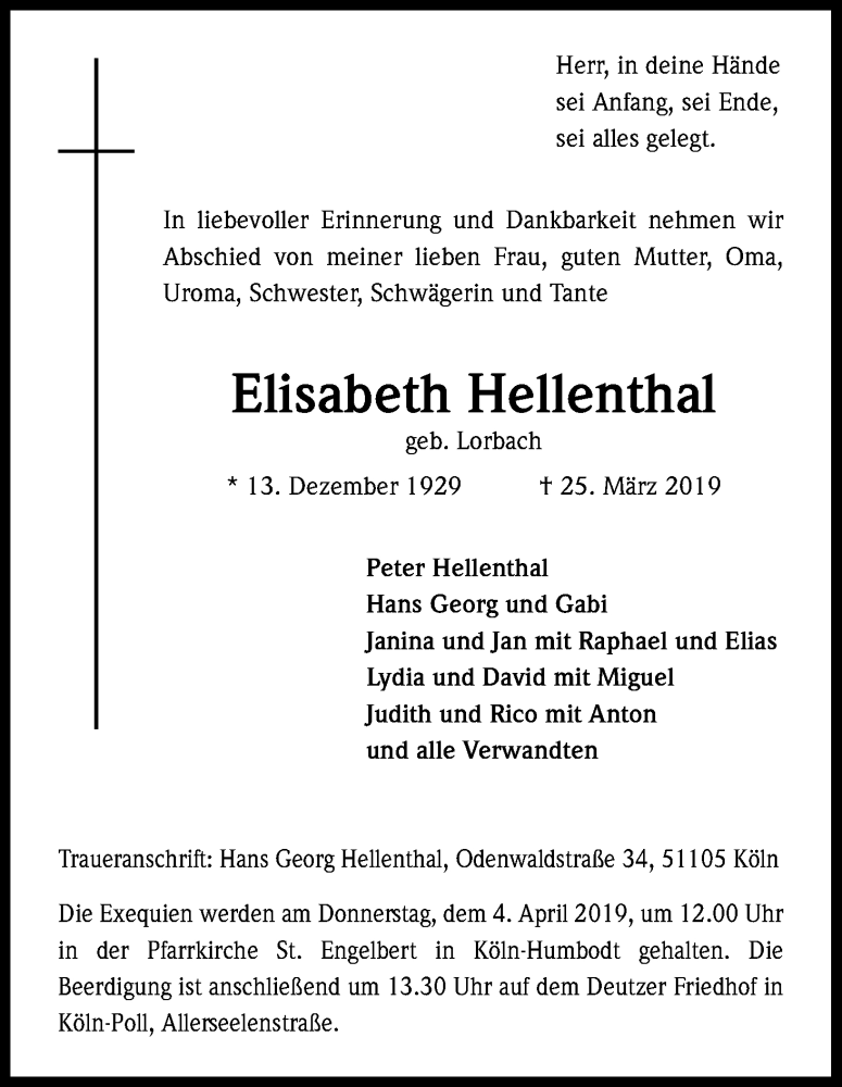  Traueranzeige für Elisabeth Hellenthal vom 30.03.2019 aus Kölner Stadt-Anzeiger / Kölnische Rundschau / Express