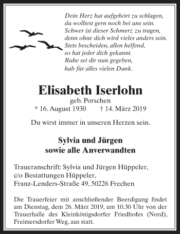 Anzeige von Elisabeth Iserlohn von  Wochenende 