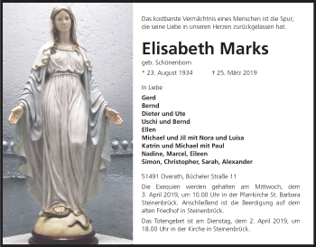 Anzeige von Elisabeth Marks von Kölner Stadt-Anzeiger / Kölnische Rundschau / Express