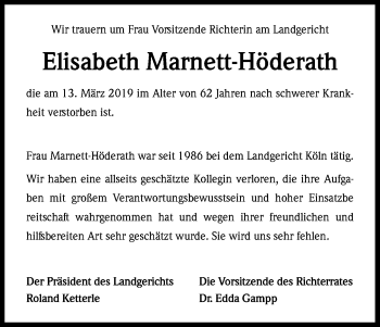 Anzeige von Elisabeth Marnett-Höderath von Kölner Stadt-Anzeiger / Kölnische Rundschau / Express