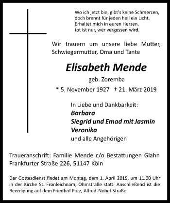 Anzeige von Elisabeth Mende von  Kölner Wochenspiegel 