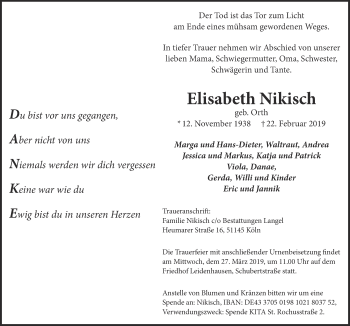 Anzeige von Elisabeth Nikisch von  Kölner Wochenspiegel 