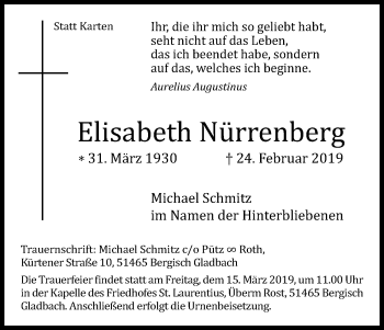 Anzeige von Elisabeth Nürrenberg von Kölner Stadt-Anzeiger / Kölnische Rundschau / Express