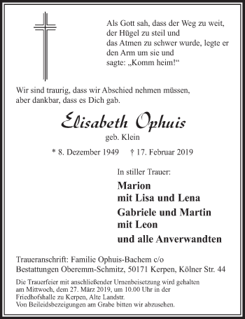 Anzeige von Elisabeth Ophuis von  Sonntags-Post 