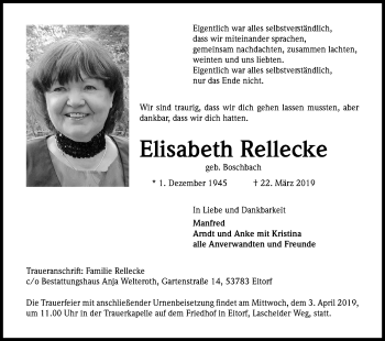 Anzeige von Elisabeth Rellecke von Kölner Stadt-Anzeiger / Kölnische Rundschau / Express