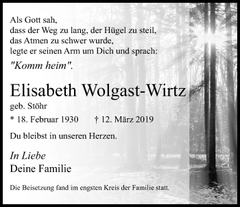 Anzeige von Elisabeth Wolgast-Wirtz von Kölner Stadt-Anzeiger / Kölnische Rundschau / Express