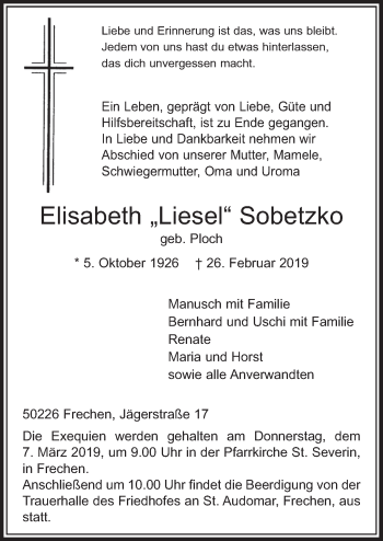 Anzeige von Elisabeth Liesel Sobetzko von  Sonntags-Post 
