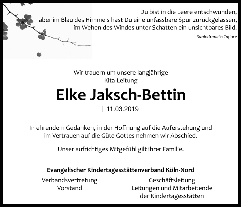  Traueranzeige für Elke Jaksch-Bettin vom 23.03.2019 aus Kölner Stadt-Anzeiger / Kölnische Rundschau / Express