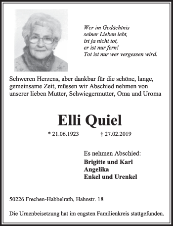 Anzeige von Elli Quiel von  Sonntags-Post 