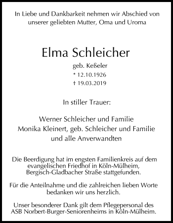 Anzeige von Elma Schleicher von Kölner Stadt-Anzeiger / Kölnische Rundschau / Express