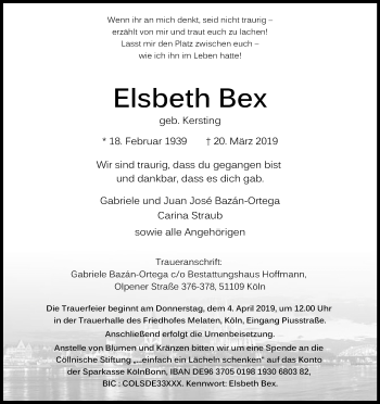 Anzeige von Elsbeth Bex von Kölner Stadt-Anzeiger / Kölnische Rundschau / Express