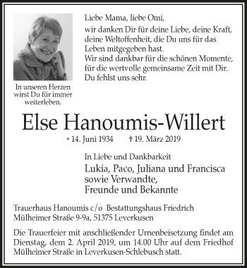 Anzeige von Else Hanoumis-Willert von  Leverkusener Wochenende 