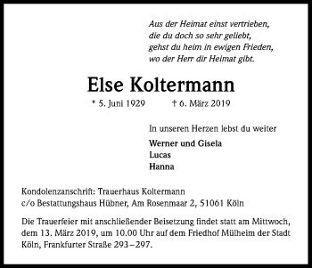Anzeige von Else Koltermann von Kölner Stadt-Anzeiger / Kölnische Rundschau / Express