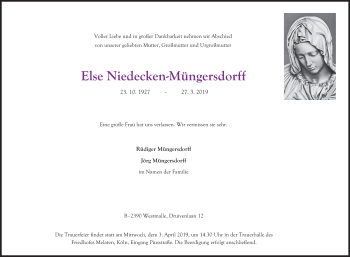 Anzeige von Else Niedecken-Müngersdorff von Kölner Stadt-Anzeiger / Kölnische Rundschau / Express