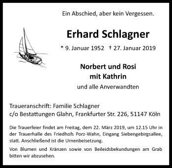 Anzeige von Erhard Schlagner von  Kölner Wochenspiegel 