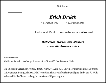 Anzeige von Erich Dudek von Kölner Stadt-Anzeiger / Kölnische Rundschau / Express
