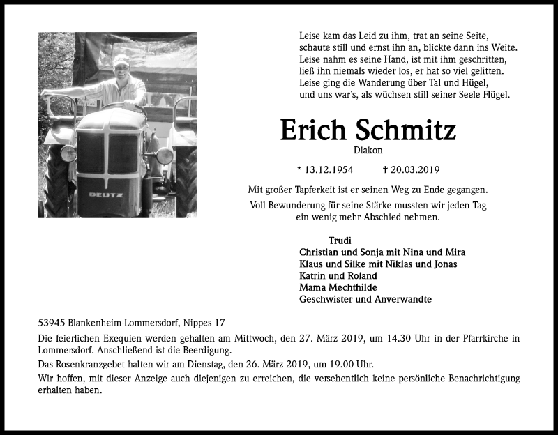  Traueranzeige für Erich Schmitz vom 23.03.2019 aus Kölner Stadt-Anzeiger / Kölnische Rundschau / Express