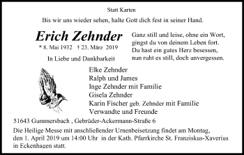 Anzeige von Erich Zehnder von Kölner Stadt-Anzeiger / Kölnische Rundschau / Express
