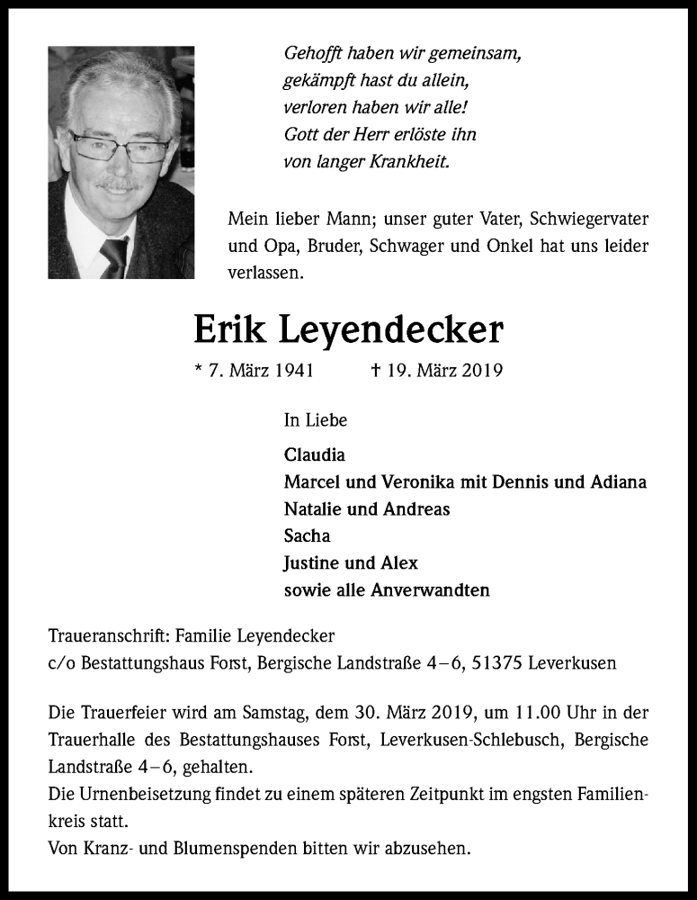  Traueranzeige für Erik Leyendecker vom 23.03.2019 aus Kölner Stadt-Anzeiger / Kölnische Rundschau / Express