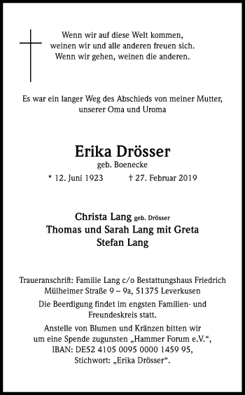 Anzeige von Erika Drösser von Kölner Stadt-Anzeiger / Kölnische Rundschau / Express