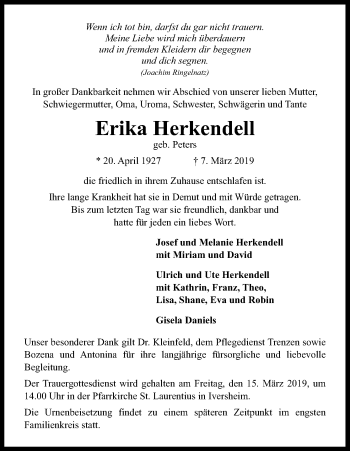 Anzeige von Erika Herkendell von Kölner Stadt-Anzeiger / Kölnische Rundschau / Express