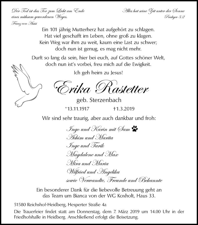  Traueranzeige für Erika Rastetter vom 05.03.2019 aus Kölner Stadt-Anzeiger / Kölnische Rundschau / Express