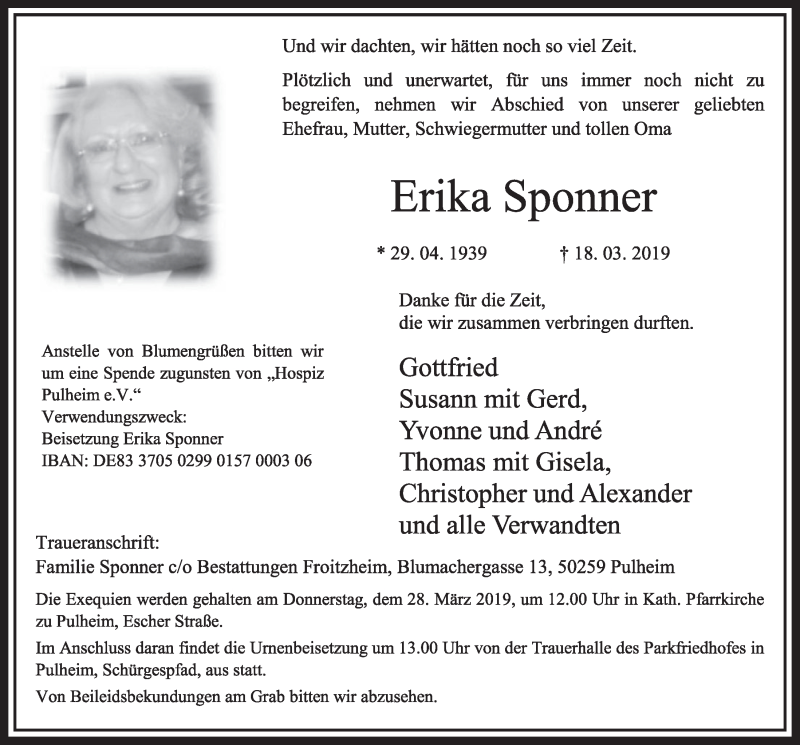  Traueranzeige für Erika Sponner vom 23.03.2019 aus  Sonntags-Post 