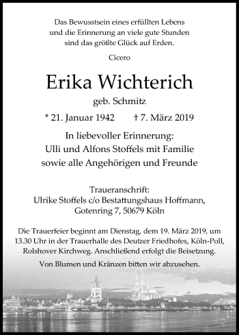 Anzeige von Erika Wichterich von Kölner Stadt-Anzeiger / Kölnische Rundschau / Express