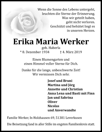 Anzeige von Erika Maria Werker von Kölner Stadt-Anzeiger / Kölnische Rundschau / Express