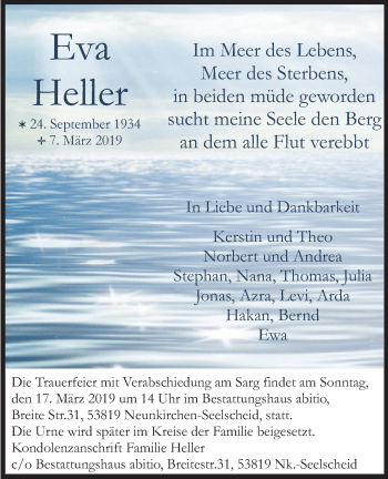Anzeige von Eva Heller von Kölner Stadt-Anzeiger / Kölnische Rundschau / Express