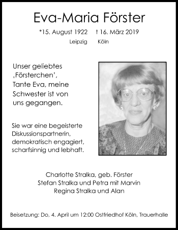 Anzeige von Eva-Maria Förster von Kölner Stadt-Anzeiger / Kölnische Rundschau / Express