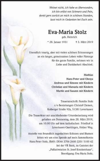 Anzeige von Eva-Maria Stolz von Kölner Stadt-Anzeiger / Kölnische Rundschau / Express