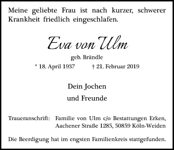 Anzeige von Eva von Ulm von Kölner Stadt-Anzeiger / Kölnische Rundschau / Express