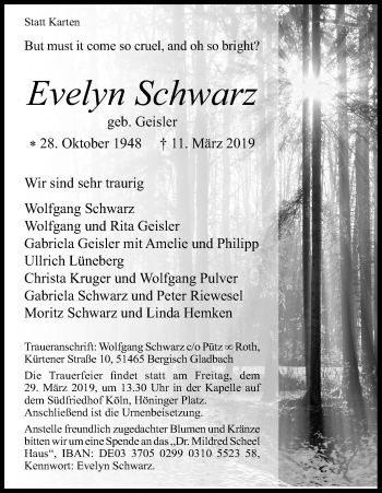 Anzeige von Evelyn Schwarz von Kölner Stadt-Anzeiger / Kölnische Rundschau / Express