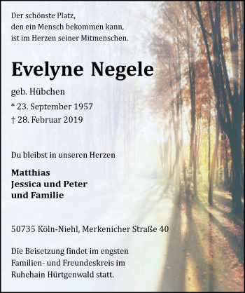 Anzeige von Evelyne Negele von  Kölner Wochenspiegel 