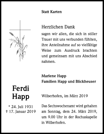 Anzeige von Ferdi Happ von Kölner Stadt-Anzeiger / Kölnische Rundschau / Express