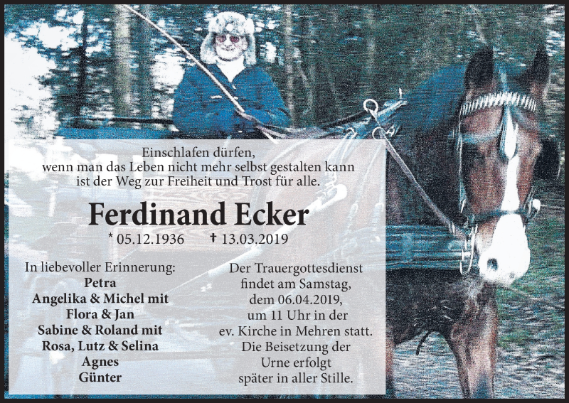  Traueranzeige für Ferdinand Ecker vom 30.03.2019 aus Kölner Stadt-Anzeiger / Kölnische Rundschau / Express