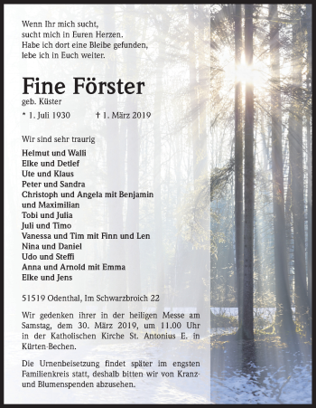 Anzeige von Fine Förster von Kölner Stadt-Anzeiger / Kölnische Rundschau / Express