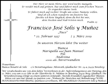 Anzeige von Francisco José Solis y Muñoz von Kölner Stadt-Anzeiger / Kölnische Rundschau / Express