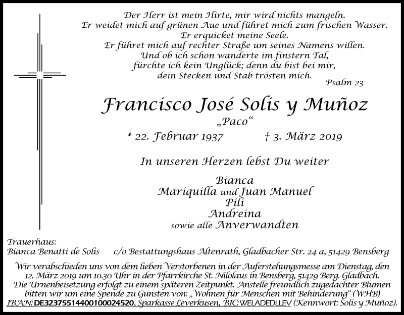  Traueranzeige für Francisco José Solis y Muñoz vom 08.03.2019 aus Kölner Stadt-Anzeiger / Kölnische Rundschau / Express